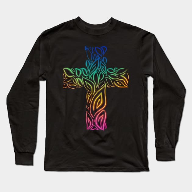 Rainbow Glow Cross Long Sleeve T-Shirt by Bluefire